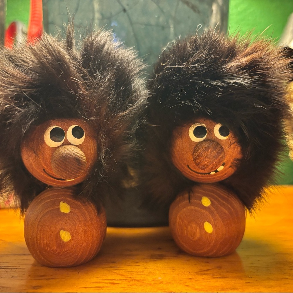 2 Scandinavian Teak Wooden Trolls Figurine Danish Design W/Fur, Made in Denmark.